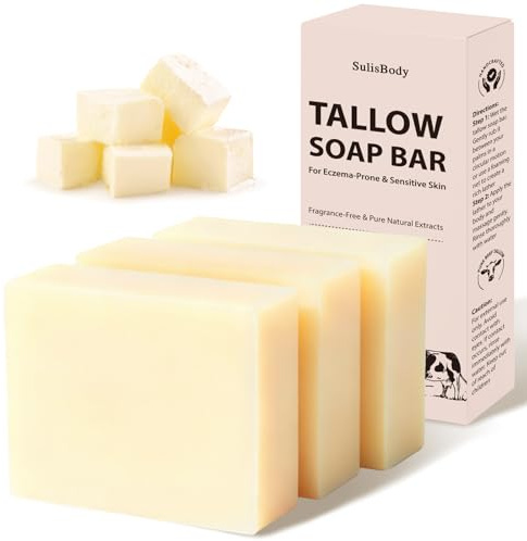 Sapone naturale - Sapone di sego di manzo non profumato fatto a mano, idratante profonda, nutriente, unifica la carnagione e favorisce una carnagione brillante (3 pezzi)