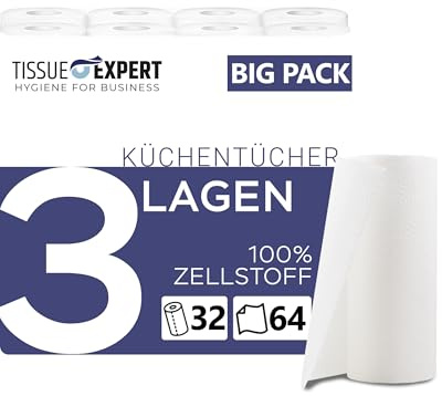 Tissue Expert Küchentücher 3-lagig | 32 Rollen x 64 Blatt | Großpackung | Saugstarke Küchenrollen aus 100% Zellstoff | Allzwecktücher & Papiertücher für Haushalt | 60% PCR-Verpackung Küchenpapier