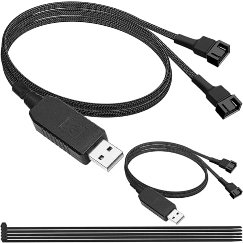 MKBKLLJY 2PCS 12V USB to Dual 3-Pin / 4-Pin PC Fan Power Adapter Cable Full Speed Voltage Step-Up Computer Cooling Connector 55cm (21.6inch) Black Sleeved with Cable Zip Ties