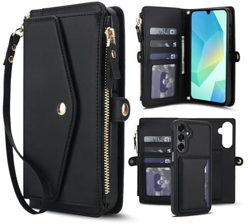 Funda tipo cartera para Samsung Galaxy A54 5G, funda magnética desmontable con ranuras para tarjetas, bloqueo RFID, soporte y correa de muñeca, funda protectora para teléfono (negro)