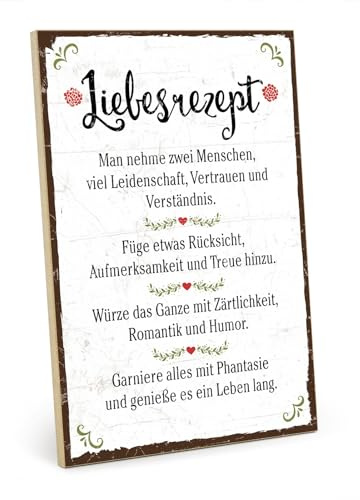 TypeStoff Holzschild mit Spruch – LIEBESREZEPT – Grafik-Bild bunt, Schild, Wandschild, Türschild, Holztafel, Holzbild als Geschenk und Dekoration - HS-00314