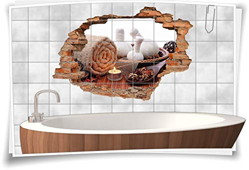 3D Fliesen-Aufkleber Fliesen-Bild Fliesen-Tattoo Fliesen-Sticker Wand-Durchbruch SPA Sauna Bad Kerzen Balance Entspannung Meditation Erholung, 150x100cm, 20x20cm (BxH)