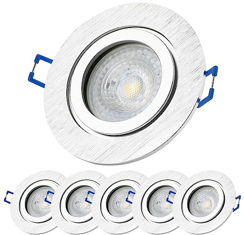Sweet Led Spot à encastrer IP44 Aluminium Spots salle de bain incl. GU10 7W Plafonnier blanc chaud argenté brossé plat Luminaire encastré avec fermeture à clic Spots à encastrer au plafond Lot de 6