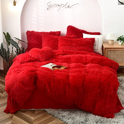 MorroMorn 5 PCS Shaggy Duvet Cover Bedding Set - Long Faux Fur Luxury Ultra Soft (Red, Full/Queen)