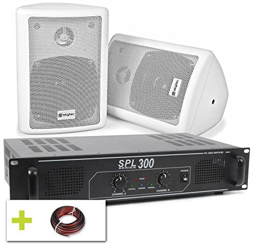 Skytec Sistema de Sonido – Amplificador, Altavoces Blancos y Cable de 10m – Fácil instalación, Compatible con Teléfonos, Laptops y MP3 – Ideal para Cocina, Dormitorio y Sala de Juegos