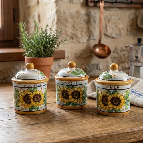 ILAB Tris 3 barattoli sale zucchero e caffè in ceramica decorata a mano da ceramisti siciliani di Santo Stefano di Camastra girasole art 8