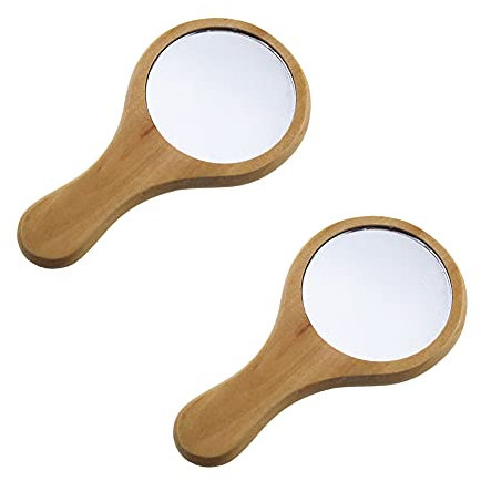 JIHUOO 2 Stk. Tragbarer Kosmetik Spiegel, Rund, Holzrahmen & Glasspiegel, 13,5 x 7,1 cm, Perfekt für Reisen & Make-up