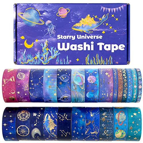 24 Rolls Washi Tape Set - Gold Foil Galaxy Decorative Masking Tape Constellation,Stars,Celestial,Adhesive Tape for Bullet Journal,Diy Craft,Scrapbooking Supplies,Gift Wrapping,Party decoration