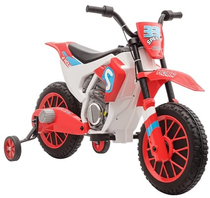 HOMCOM Elmotorcykel, barnmotorcykel, barnfordon, elfordon med 2 avtagbara stödhjul för barn från 3 år, PP-metall, röd, vit, 106,5 x 51,5 x 68 cm