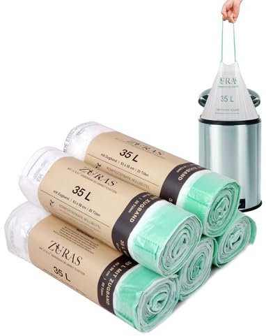 ZURAS® 35 Liter Biomüllbeutel mit Zugband 100 Stk. kompostfähige, biologisch abbaubare Müllbeutel, DIN EN 13432 zertifiziert und geprüft, reißfest und wasserdicht