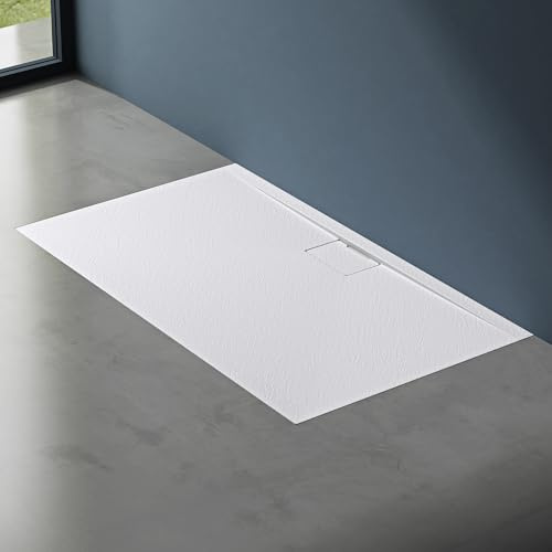 doporro Duschtasse Duschwanne 90x160x3 Mineralguss in Weiß Ablaufgarnitur | Flache Duschwanne für bodenebene Montage mit DIN-Anschlüssen – stabil & pflegeleicht für moderne Duschen Geoma07 AL06