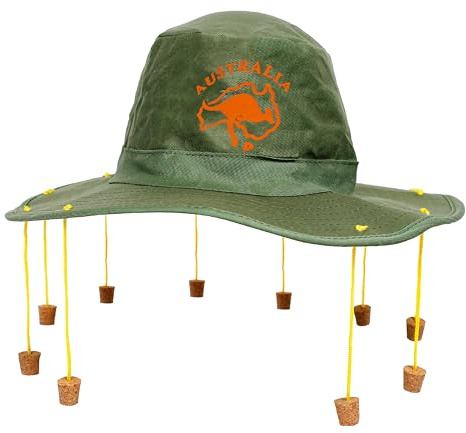 Australian Cork Hat - Green Hat with Orange Kangaroo Print and Attached Corks on Strings - Australia Day Fancy Dress Costume Accessory