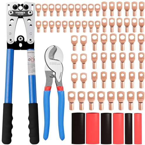 Tivorex Battery Cable Lug Crimping Tool for AWG 10-1/0 Electrical Lug, with Cable Cutter 64pcs Ring Terminals and 70pcs Heat Shrink Tubing