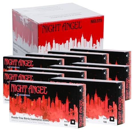 Adenna Night Angel Disposable Nitrile Gloves – 4 Mil, Powder Free Rubber Glove for Tattoo & Medical Use, Latex-Free, Tactile Sensitivity with Textured Grip, Case of 1000, Medium, Black
