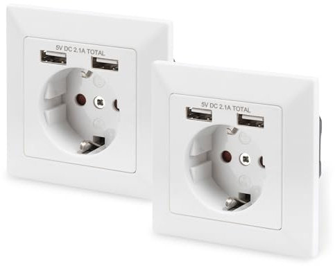DIGITUS DA-70613 - Flush-Mounted Socket with USB-A Charger - Pack of 2-2 USB Sockets - 5 V / 2.1 A Total - 250 V 50 Hz - Installation Depth 32 mm - Conditionally Designable - Pure White RAL 9003