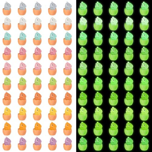 50 Stück Mini Dinosaurier aus Kunstharz, Niedliche Mini Dinosaurierfiguren mit Zerbrochener Muschel Leuchtende Miniatur Dinosaurierfiguren für die Garten Puppenhaus Kuchendekoration