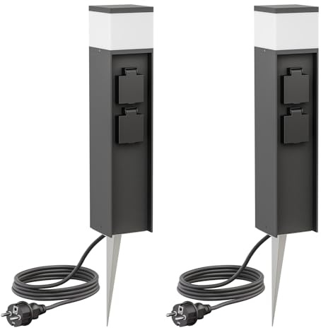 ledscom.de 2 Stück Pollerleuchte PODEL mit Erdspieß und 2m Kabel für außen, 39cm, schwarz, G9 Fassung, 2 Steckdosen
