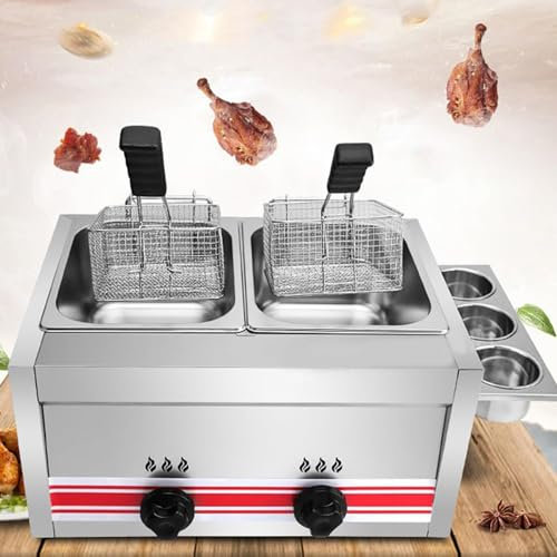 FANYING Friteuse à gaz Professionnelle, friteuse Commerciale, friteuse à gaz Commerciale Multifonction, Grande capacité, Puissance de feu réglable, Nettoyage Facile,Doublecylinder10l+10l