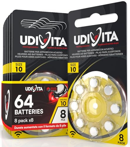 64 Pilas para Audífonos Tamaño 10 Udivita PR70 (Amarillo) Zinc-Aire Hearing Evolution con Tecnología Phono Pulse - 8 Blísteres de 8 Pilas