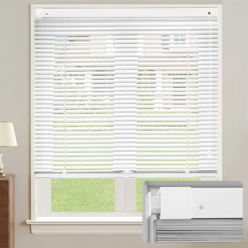 SHEERVIEW Cordless Aluminum Blind, Custom Size Glossy White 1 Slat Horizontal Mini Blinds No Drill Blackout Light Filtering Waterproof for Interior Door Window Treatment Decor Home Office