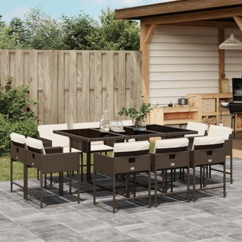 Homgoday 11-TLG. Garten-Essgruppe mit Kissen Gartentisch mit Stuhl Balkonmöbel Gartenmöbel Set Tisch mit Glasplatte Gartengarnitur Sitzgruppe für Garten Terrasse Braun Poly Rattan