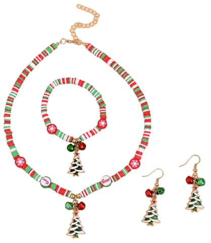 BKEPDY Weihnachtsschmuck Damen Set mit Weihnachtsmann Weihnachtsbaum Anhänger Halskette Ohrringe und Weihnachtsarmbänder（Farbe-2）