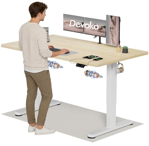 Devoko Höhenverstellbarer Schreibtisch mit 2 Motoren，25mm Einteilige Tischplatte, 160x80 cm Mobiler Elektrisch Computertisch mit Kabel Management, Eiche - Perfekte Ergonomie für Dein Büro