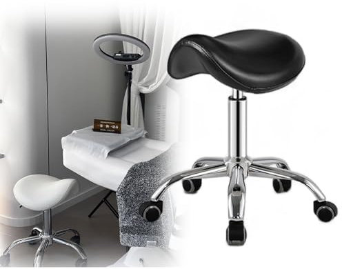 Sattelstühle mit Rollen für Salon, Bar, Maniküre, Wimperntechnik, ergonomischer Sattelhocker mit Rückenstütze, Massage-/Schönheitsstudiostuhl/Esszimmerstuhl/Schreibtischsitz (schwarz)