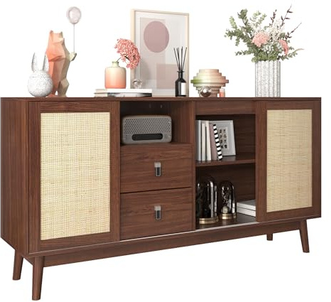 KecDuey Cómoda de 155 x 38 x 80 cm con 3 puertas correderas de ratán auténtico y 2 cajones, transpirable, estable y versátil (madera oscura)