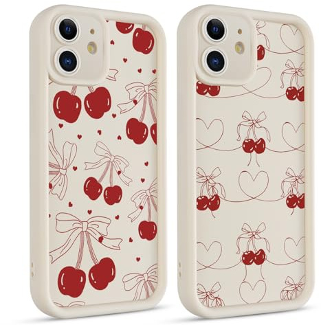Phoona 2 packs Bow Tie Cherry Print Phone Case for iPhone 12 mini 5,4'', Cute Pattern Aesthetics Design with Full Camera Lens Cover, Soft Shockproof Protective Bumper Funda for Women Girls