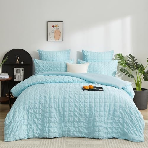 Gezu Seersucker - Copripiumino 220 x 240 cm, motivo a quadri strutturati, 2 persone, per adulti, set di copripiumino in morbida microfibra, con 2 federe 65 x 65 cm, con chiusura lampo