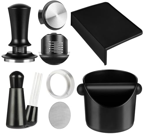 Mytdkxin Espresso Accessories,6 PCS Espresso Machine Accessories Kit,Coffee Tamper Tools Set with Espresso Tamper,Coffee Tamping Mat,WDT Distribution Tool,Knock Box,Dosing Funnel and Puck Screen