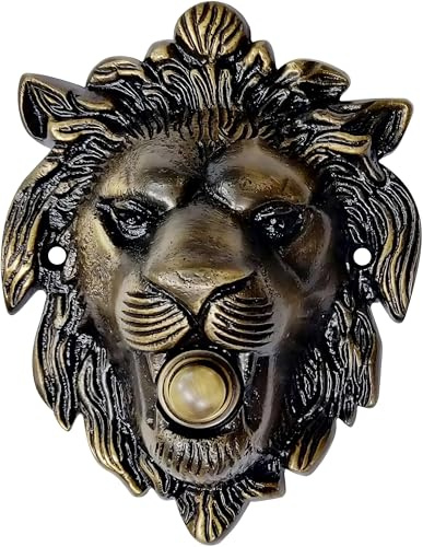 Large Lion Shaped Doorbell Button – Antique Brass Finish – 5 1/4 x 4 – Vintage Style Push Button Doorbell in Brass with Surface Mount – Fits Standard 2-Wire Chimes, Easy DIY Installation