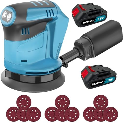 Orbital Sander Cordless Sanding Machine, with 2pcs 3000mah Batteroes, 350W Sander for Walls, Variable Speeds, Up to 15000 RPM, 125mm Sanding Pad, Dust Collection, Perfect for Wood and Steel Surfaces
