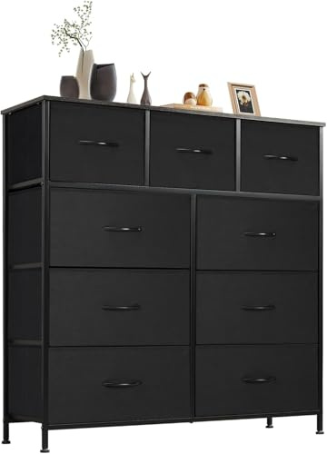DUMOS Kommode mit Schubladen - Kommoden & Sideboards für Schlafzimmer Geeignet, Komodenschrank mit 9 Schubladen, Stoffkommode mit Stabilem Stahlrahmen, Ideal für Schlafzimmer, Wohnzimmer (Schwarz)