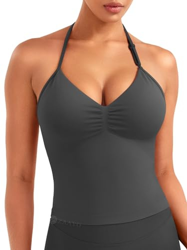 ZAAYO Top de tirantes para mujer, espalda descubierta, cuello en V, camiseta de tirantes, deporte, gimnasio, cuello halter con correa ajustable, gris medio, S