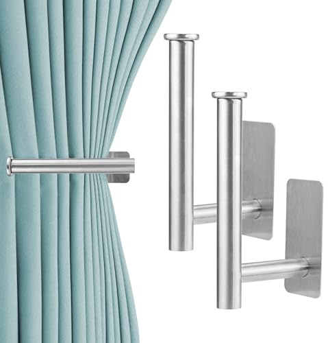 2 Pack Curtain Holdbacks Self-Adhesive, No-Drill Curtain Tie Backs Hooks Mental L Shaped Wall-Mounted Drapery Tiebacks Hooks for Home Decoration Living Room/Bedroom/Shower