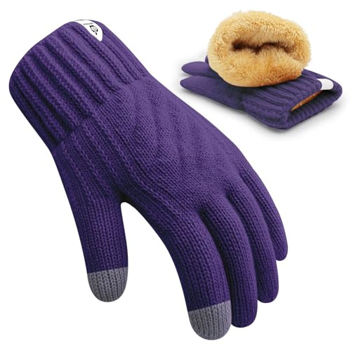 ARFNKIM Kids Winter Gloves for Boys Girls, Fleece Lining Knitted Warm Gloves Touchscreen Thermal Children Mittens (Purple, One size)