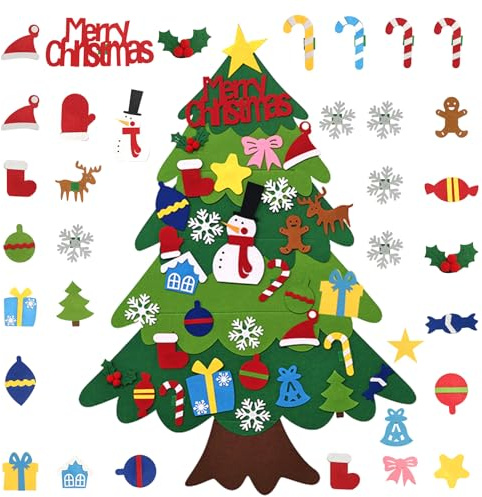 Nilnewuh Filz Weihnachtsbaum für Set, 3D Filz Tannenbaum zum Schmücken mit Klett und 34 Abnehmbaren Hängeornamenten, DIY Christbaum Bastelset für Weihnachtsdeko, Kreatives Weihnachten Baum Basteln