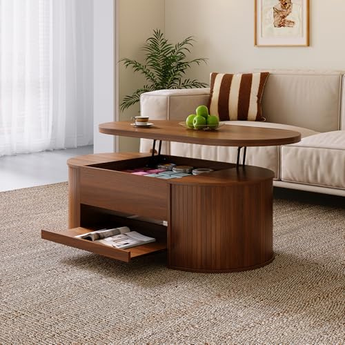 boorbin Mesa de centro elevable, mesa de centro con lados curvos de madera, estante extraíble, tablero elevable, mueble de salón multifuncional (nogal)