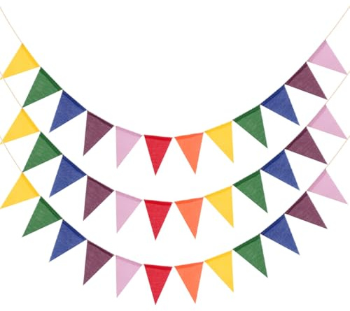 ELNX Hessian Wimpelkette, 12 m, 36 Stück Bunte wasserfeste Dreiecksfahnen aus Leinen für Partydekoration, Hochzeit, Geburtstag, Baby Shower, Weihnachten und Outdoor