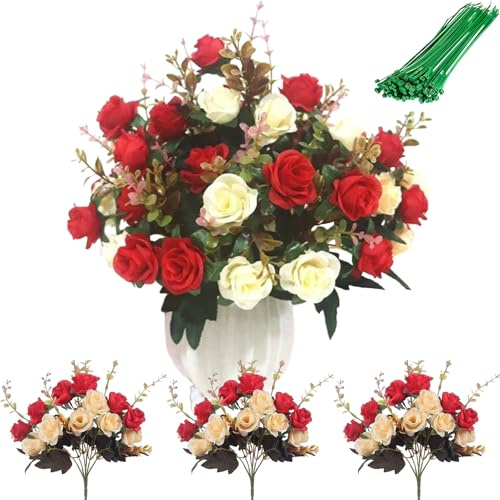 ZenyTra 3er-Set Friedhofsblumen mit 10 Bindebändern |Künstliche Rosen| Kunstblumen Gesteck| Künstliche Rosen & Seidenblumen für Grab | Wetterfeste Kunstblumen Gesteck für Grabschmuck (Rot und weiß)