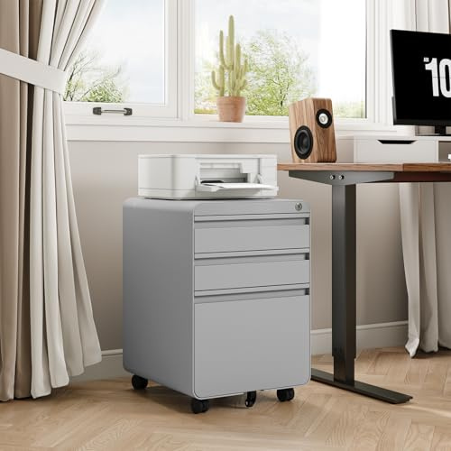Dripex 3-Drawer Mobile File Cabinet for A4 File, Lockable Rolling Metal Vertical Filling File Cabinet with Hanging File Frame and Anti-tilt Design Office Fully Assembled Except Wheels, Grey