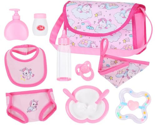 12-teiliges Puppenzubehör Set in Wickeltasche für 40–46 cm Babypuppen | 12-teiliges Puppenzubehör Set passend für 16–18 Zoll Babypuppen, ideales Rollenspiel-Geschenk für Mädchen