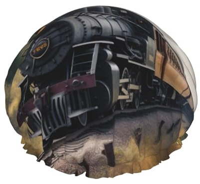 Bonnet de douche imperméable double couche imprimé train à vapeur – Masque de bain réutilisable pour voyage, soins à domicile et routine beauté