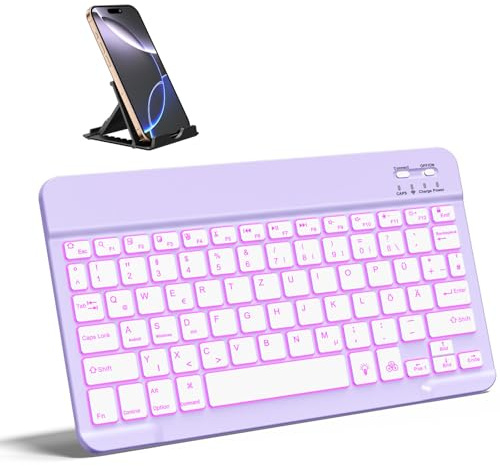 Vobafe Bluetooth Clavier sans Fil pour iPad Air/Pro/Mini/A16/11/10.9/10.2, avec Support Téléphone, Clavier Tablette AZERTY Français pour iOS/Android/Windows, Lumière 7 Couleurs, Lavande