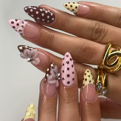 Yamobi Polka Dot Press on Nails – Medium Almond Falska Nails, 3D-blomma Franska spets, full täckning glansig lim på spikar, rosett mjuk gel press på spikar, konstgjorda naglar rosett, 24 st