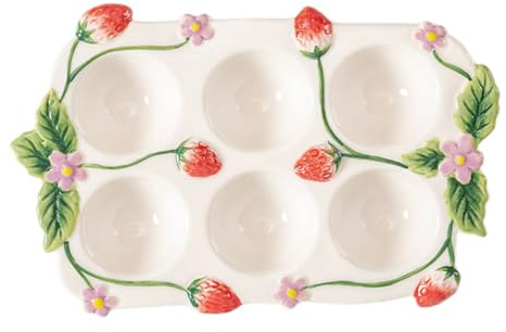 Alipis Porte-Œufs Empilable en Céramique Émaillée à Motif Fraise Plateau à Œufs 6 Compartiments pour Réfrigérateur Rangement la Cuisine Multifonction Plateau à Condiments Compact 1
