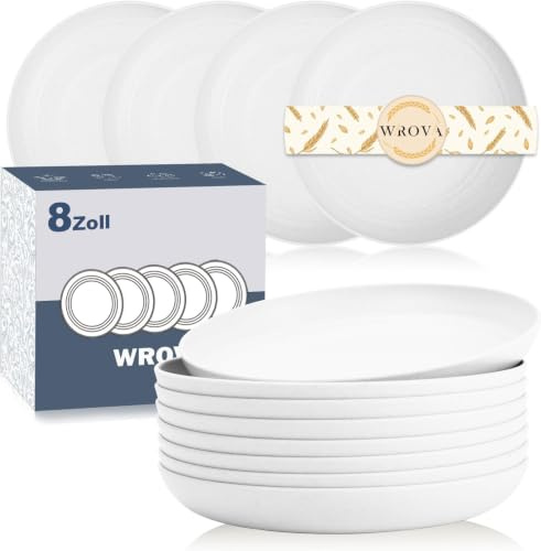 Wrova Piatti in plastica infrangibili per 8 persone, 19,5 cm, adatti al microonde e alla lavastoviglie, piatti in plastica leggeri per cucina, campeggio, picnic, colore bianco