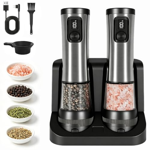 Electric Salt and Pepper Grinder Set, Rechargeable with USB Base, 5-Level Adjustable Coarseness and 2 Speeds, 100ml Stainless Steel Automatic Spice Mill